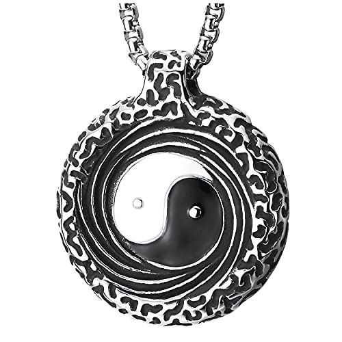 COOLSTEELANDBEYOND Schwarz Weißer Emaille Tai Chi Yin-Yang Bagua Diagramme Wirbel Strukturierte Kreis Medaille Anhänger Edelstahl Halskette von COOLSTEELANDBEYOND