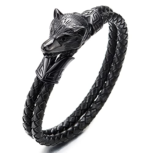 COOLSTEELANDBEYOND Schwarz Wolfskopf Armband Zwei Reihen Geflochtenes Leder-Armband für Herren aus Edelstahl und Schwarz Echtem Leder von COOLSTEELANDBEYOND