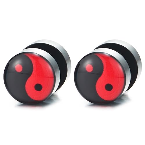 Schwarz und Rot Yin-Yang Herren Ohrringe Ohrstecker Fakeplugs Fake Plug Tunnel Ohr-Piercing, Schraube Wieder, 1 Paar von COOLSTEELANDBEYOND