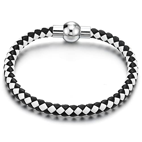 COOLSTEELANDBEYOND Schwarz und Weiß Dünn Leder-Armband für Damen für Herren Geflochtenes Leder Armreif Schweißband mit Magnetverschluss COOLSTEELANDBEYOND Schwarz und Weiß Dünn Leder-Armband für Damen für Herren Geflochtenes Leder Armreif Schweißband mit Magnetverschluss von COOLSTEELANDBEYOND