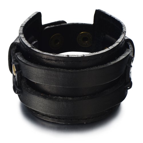 COOLSTEELANDBEYOND Schwarze Herren Lederarmband Große Echtes Leder Schweißband mit Druckknöpfe von COOLSTEELANDBEYOND