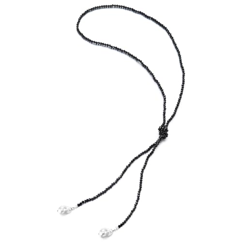 COOLSTEELANDBEYOND Schwarze Perlen Lariatkette, Halskette, Facettierte Perlen mit Imitierten Perlentropfen, Eleganter Y Stil von COOLSTEELANDBEYOND