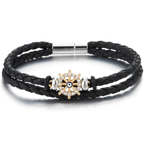 COOLSTEELANDBEYOND Schwarzes Geflochtenes Leder Armband mit Kristall Kompass Anhänger in Goldton, Verstellbarer Maritimer Stil Schutzsymbol von COOLSTEELANDBEYOND