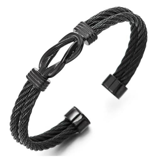 COOLSTEELANDBEYOND Schwarzes Kabeldraht-Manschettenarmband für Herren Gedrehter Stahl Offenes Bangle mit Doppeltem Seil Infinity-Knoten COOLSTEELANDBEYOND Schwarzes Kabeldraht-Manschettenarmband für Herren Gedrehter Stahl Offenes Bangle mit Doppeltem Seil Infinity-Knoten von COOLSTEELANDBEYOND