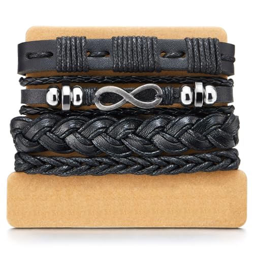 COOLSTEELANDBEYOND Schwarzes Lederarmband-Set für Herren Geflochten mit Infinity-Symbol-Schichten Verstellbare Mehrstrang-Armbänder von COOLSTEELANDBEYOND