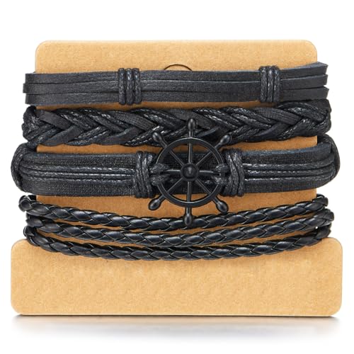 COOLSTEELANDBEYOND Schwarzes Lederarmband-Set mit Nautischem Schiffsruder-Anhänger Geflochten und mit Seil Verstellbares Mehrstrang-Design von COOLSTEELANDBEYOND