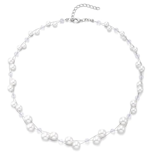 COOLSTEELANDBEYOND Schwebende Perlen Illusionskette, Halskette Zarte Imitierte Perlen auf Draht mit Kristallabstand, Eleganter Brautschmuck COOLSTEELANDBEYOND Schwebende Perlen Illusionskette, Halskette Zarte Imitierte Perlen auf Draht mit Kristallabstand, Eleganter Brautschmuck von COOLSTEELANDBEYOND