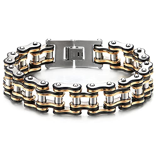 COOLSTEELANDBEYOND Schwer und Robust Herren Motorrad Fahrradkette Motorradkette Armband aus Edelstahl, Silber Gold Schwarz Tri-Ton, Poliert von COOLSTEELANDBEYOND