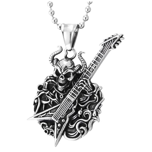 COOLSTEELANDBEYOND Schwere Metall-Gitarren-Kette für Herren, Dämonenschädel-Anhänger Halskette mit Flying-V-Gitarre und Flammen von COOLSTEELANDBEYOND