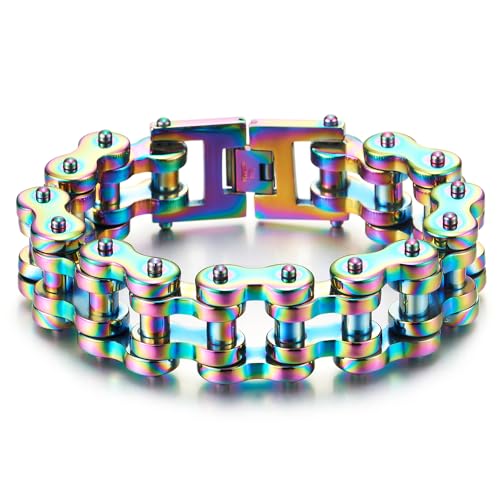 COOLSTEELANDBEYOND Schwere Robust Herren Motorrad Fahrradkette Motorradkette Armband aus Edelstahl, Oxidierte Regenbogen Poliert von COOLSTEELANDBEYOND