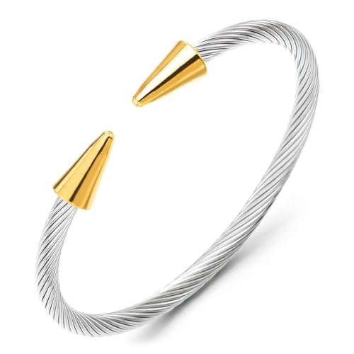 COOLSTEELANDBEYOND Silber-Gold Kabeldraht-Manschettenarmband Schlankes Minimalistisches Offenes Bangle mit Kegelförmigen Endkappen von COOLSTEELANDBEYOND