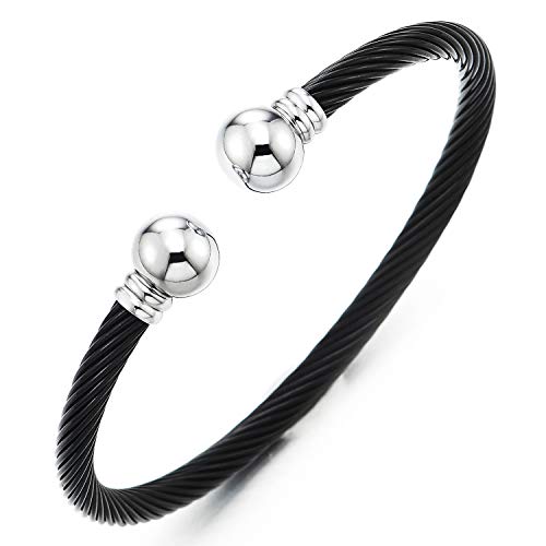 COOLSTEELANDBEYOND Silber Schwarz Elastische Verstellbare-Edelstahl Armband für Herren Damen Verdrehten Stahlkabel Armreif Poliert von COOLSTEELANDBEYOND