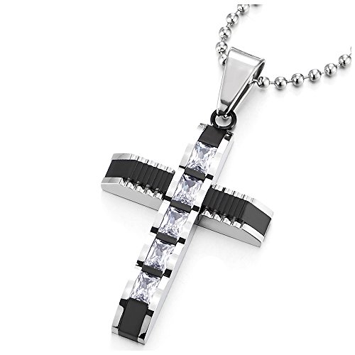 COOLSTEELANDBEYOND Silber Schwarz Kreuz Anhänger mit Zirkonia Herren Damen Edelstahl-Halskette mit 75cm Stahl Kugelkette von COOLSTEELANDBEYOND