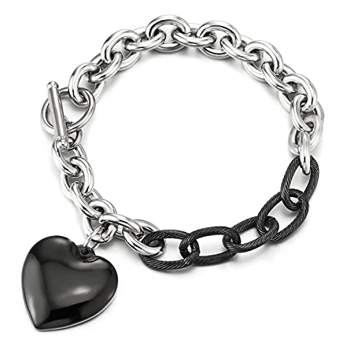 Silber Schwarz Rolo Kette Charm-Armband, Gliederarmband Edelstahlarmband mit Puff Herz, Poliert von COOLSTEELANDBEYOND