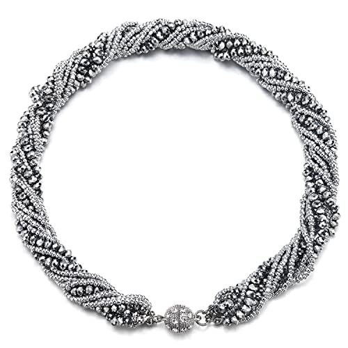 COOLSTEELANDBEYOND Silber Statement Anhänger Multi-Schichten Perlen Kristall Geflochtene Kette Halsband Choker Magnetverschluss von COOLSTEELANDBEYOND