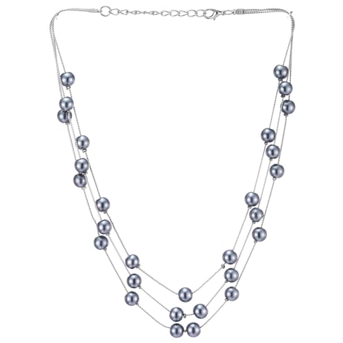 Silber Statement Halsketten Drei Stränge Lange Kette mit Synthetischen Grau Blau Perle Wulst, Elegante, Abendkleid von COOLSTEELANDBEYOND