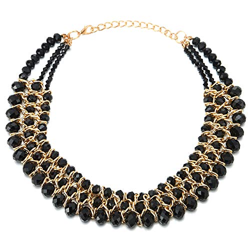 COOLSTEELANDBEYOND Statement Choker Anhänger Schwarz Facettiert Kristall Perlen Perlenschnur Gold Geflochtene Kette Halsketten Drei Stränge von COOLSTEELANDBEYOND