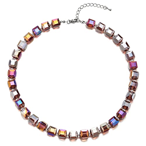 COOLSTEELANDBEYOND Statement Halskette Glamouröse Lila Regenbogen Würfel Navette Kristall Perlen Anhänger Choker Halsketten von COOLSTEELANDBEYOND