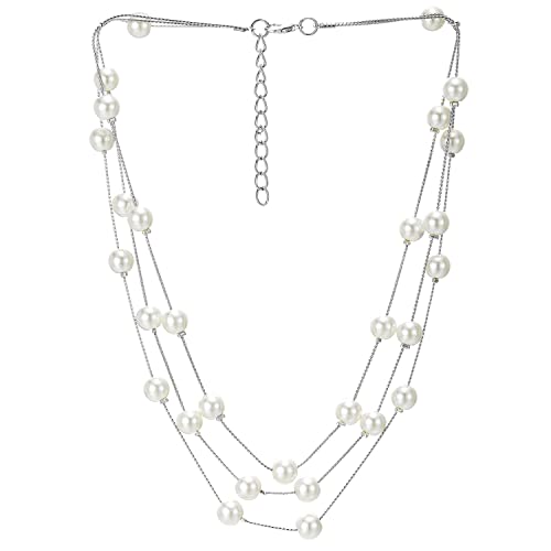 COOLSTEELANDBEYOND Statement Halsketten Drei Stränge Lange Kette mit Synthetischen Weiß Perle Wulst, Elegante, Abendkleid von COOLSTEELANDBEYOND