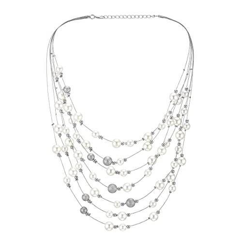 COOLSTEELANDBEYOND Statement Halsketten Multi-strang Wasserfall Draht Kette mit Synthetischen Weiß Perle und Satinierte Wulst, Elegante von COOLSTEELANDBEYOND