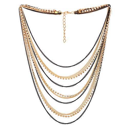 COOLSTEELANDBEYOND Statement Kragen Halsband Halskette Wasserfall Multi-Schichten Schwarz Gold Kette mit Strass Abendkleid Abschlussball von COOLSTEELANDBEYOND