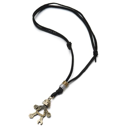 COOLSTEELANDBEYOND Steampunk Roboter Anhänger Antiquität Bronze Oberfläche Leder Halskette für Herren, Schwarz Verstellbaren Lederband von COOLSTEELANDBEYOND