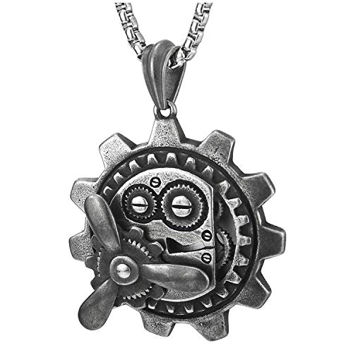 COOLSTEELANDBEYOND Steampunk Zahnrad Mechaniker Anhänger, Edelstahl Halskette für Herren, Rauhe Oberfläche, 75cm Stahl Weizen-Kette von COOLSTEELANDBEYOND