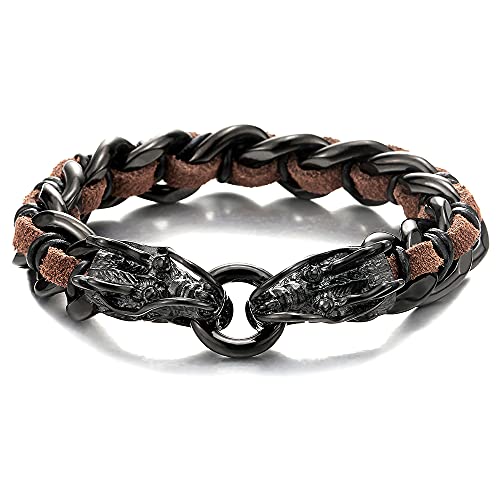 COOLSTEELANDBEYOND Streifen-Design Schwarz Panzerkette Geflochtenes Leder-Armband Drachen-Armband für Herren aus Edelstahl und Braun Leder von COOLSTEELANDBEYOND