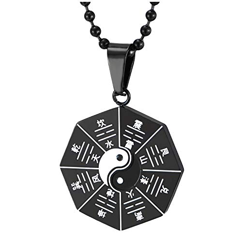 COOLSTEELANDBEYOND Tai Chi Yin-Yang Bagua Acht Diagramme Anhänger Edelstahl Herren Damen Halskette mit Schwarz Weiß Emaille 60cm Kugelkette von COOLSTEELANDBEYOND