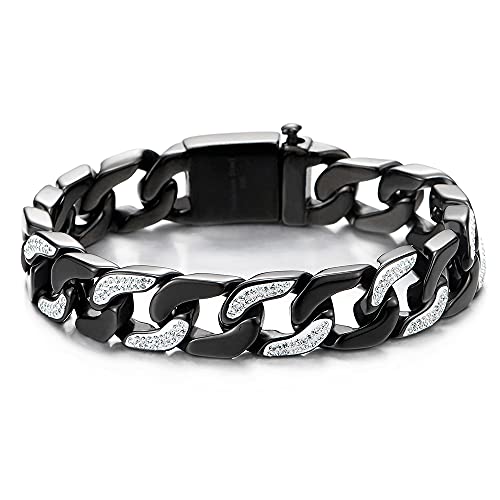 COOLSTEELANDBEYOND Top-Qualität Edelstahl Panzerkette Herren Armband mit Zirkonia, Hochglanz Poliert, Schwarz Weiß von COOLSTEELANDBEYOND