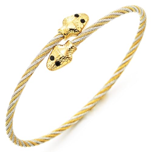 COOLSTEELANDBEYOND Totenkopf-Kabelarmreif Goldfarben Armband Edelstahl Gedreht Offener Armreif mit Gothic Punk Totenköpfen von COOLSTEELANDBEYOND