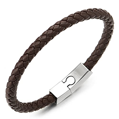 COOLSTEELANDBEYOND Unisex Dünn Leder Armband für Herren Damen, Braun Geflochtenes Leder Armreif Schweißband mit Edelstahl Magnetverschluss von COOLSTEELANDBEYOND