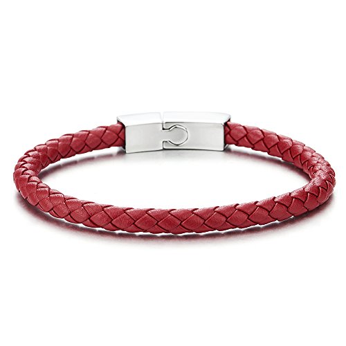 COOLSTEELANDBEYOND Unisex Dünn Rot Leder Armband für Herren Damen Geflochtenes Leder Armreif Schweißband mit Edelstahl Magnetverschluss von COOLSTEELANDBEYOND