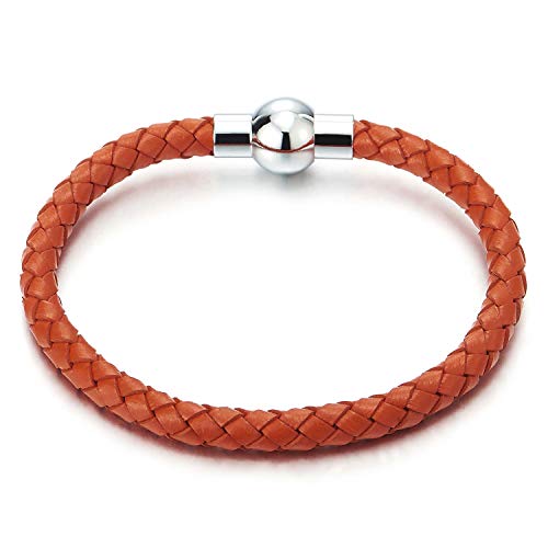 COOLSTEELANDBEYOND Unisex Orange Dünn Leder-Armband für Herren für Damen Geflochtenes Leder Armreif Schweißband mit Magnetverschluss von COOLSTEELANDBEYOND