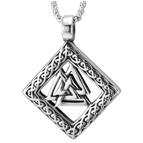 COOLSTEELANDBEYOND Valknut-Symbol Wikinger-Anhänger-Halskette für Herren Edelstahl Nordisches Quadrat-Design mit Weizenkette von COOLSTEELANDBEYOND