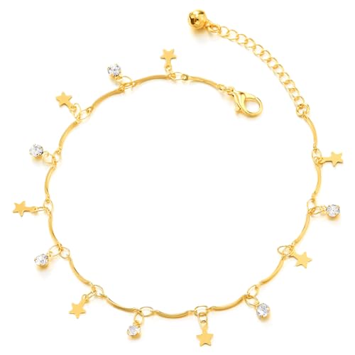 COOLSTEELANDBEYOND Verspielte Gold-Fußkette für Damen mit Sternanhängern und Funkelnden Kristallen Verstellbar von COOLSTEELANDBEYOND