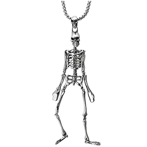 COOLSTEELANDBEYOND Vintage Bewegend Schädel Skelett Anhänger, Herren Halskette Edelstahl mit 75cm Stahl Weizen-Kette, Gotischen Stil von COOLSTEELANDBEYOND