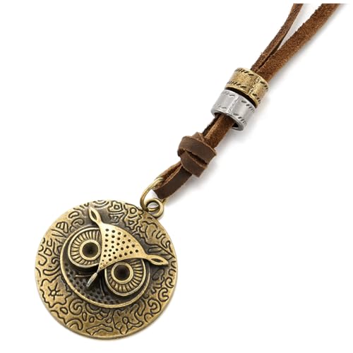 COOLSTEELANDBEYOND Vintage Bronze Eule Anhänger Halskette Runder Eingraviert Medaille mit Verstellbaren Lederband, Herren Damen von COOLSTEELANDBEYOND