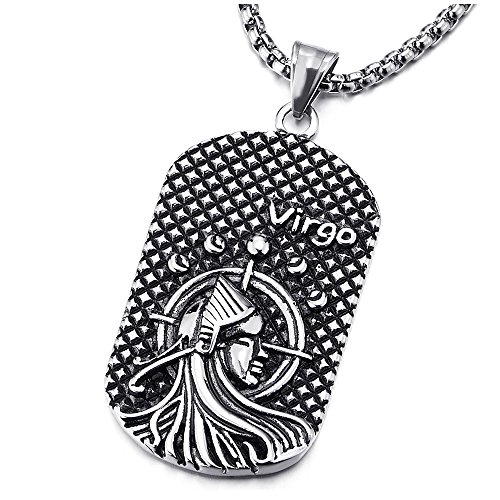 COOLSTEELANDBEYOND Vintage Horoskop Sternzeichen Tierkreis Zeichen Jungfrau Virgo Dog Tag Anhänger Edelstahl Halskette mit 75cm Stahl Weizen-Kette, Zwölf Sternbilder, Herren Damen von COOLSTEELANDBEYOND