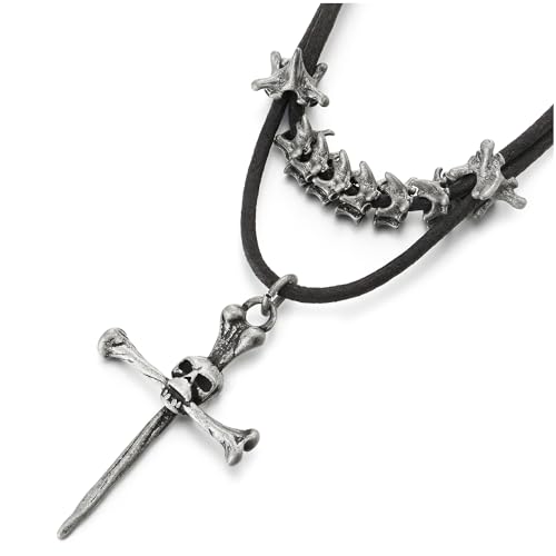 COOLSTEELANDBEYOND Vintage Knochen Charme Schädel Kreuz Leder Halskette, Lederband von Schwarz Farbe, für Herren Damen von COOLSTEELANDBEYOND