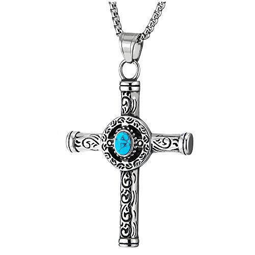 COOLSTEELANDBEYOND Vintage Kreis Kreuz Anhänger mit Blau Edelsteine Edelstahlkette für Herren Damen, 75CM Stahl Weizen-Kette von COOLSTEELANDBEYOND