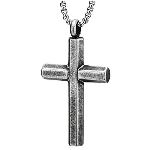 COOLSTEELANDBEYOND Vintage Kreuz Anhänger für Herren Damen, 60CM Stahl Weizen-Kette, Rauhe Oberfläche, Minimalistischen von COOLSTEELANDBEYOND