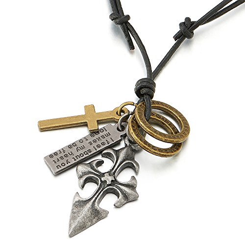 COOLSTEELANDBEYOND Vintage Kreuz Klinge Anhänger Herren Damen Halskette mit Verstellbaren Schwarz Lederband von COOLSTEELANDBEYOND