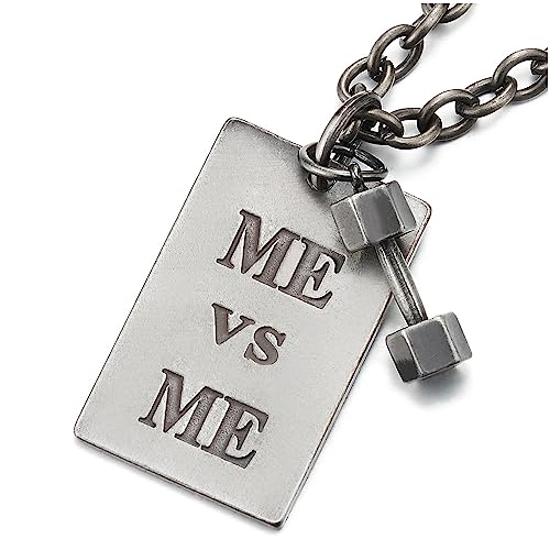 COOLSTEELANDBEYOND Vintage Langhantel Hantel Dog Tag Anhänger Halskette mit Me Vs Me für Herren Damen, 61CM Seil-Kette von COOLSTEELANDBEYOND