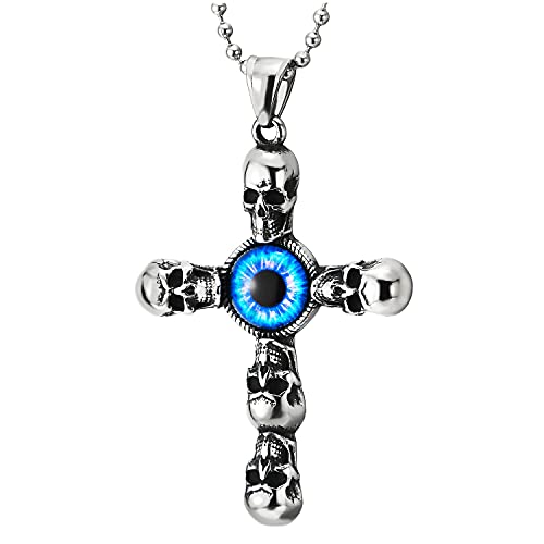 COOLSTEELANDBEYOND Vintage Schädel Blau Bösen Blick Kreuz Anhänger mit Edelstahlkette für Herren Damen, 75CM Stahl Kugelkette von COOLSTEELANDBEYOND