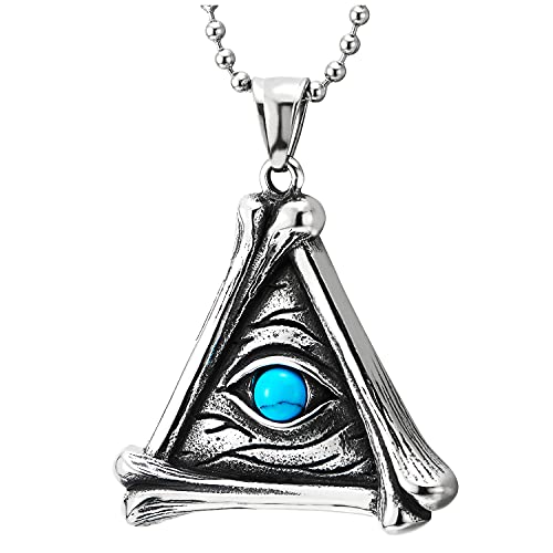 COOLSTEELANDBEYOND Vintage Schutzes Bösen Blick Hand Skelett Knochen Dreieck Anhänger Harz Türkis, Herren Damen Edelstahl Halskette von COOLSTEELANDBEYOND