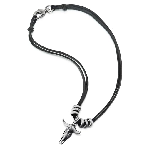 COOLSTEELANDBEYOND Vintage Stier Kopf Kreise Charme Anhänger Halskette für Herren, mit Verstellbaren Lederband von COOLSTEELANDBEYOND
