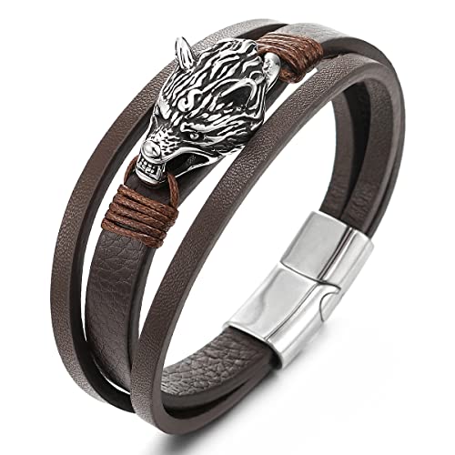 COOLSTEELANDBEYOND Vintage Wolfskopf DREI Stränge Braun Geflochtene Leder Armband für Herren von COOLSTEELANDBEYOND