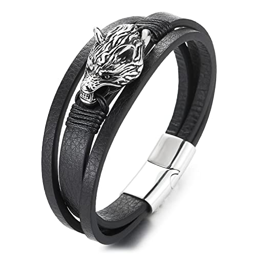 COOLSTEELANDBEYOND Vintage Wolfskopf DREI Stränge Schwarz Geflochtene Leder Armband für Herren von COOLSTEELANDBEYOND