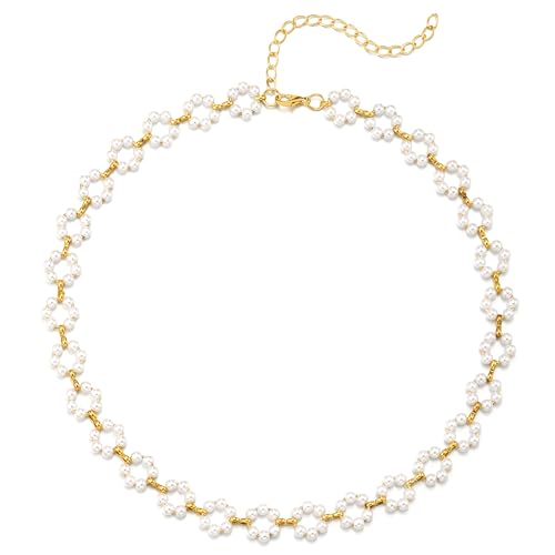 COOLSTEELANDBEYOND Weiß Perle Blumen Geflochtene Choker Halskette Goldfarben, Statement Halsband von COOLSTEELANDBEYOND